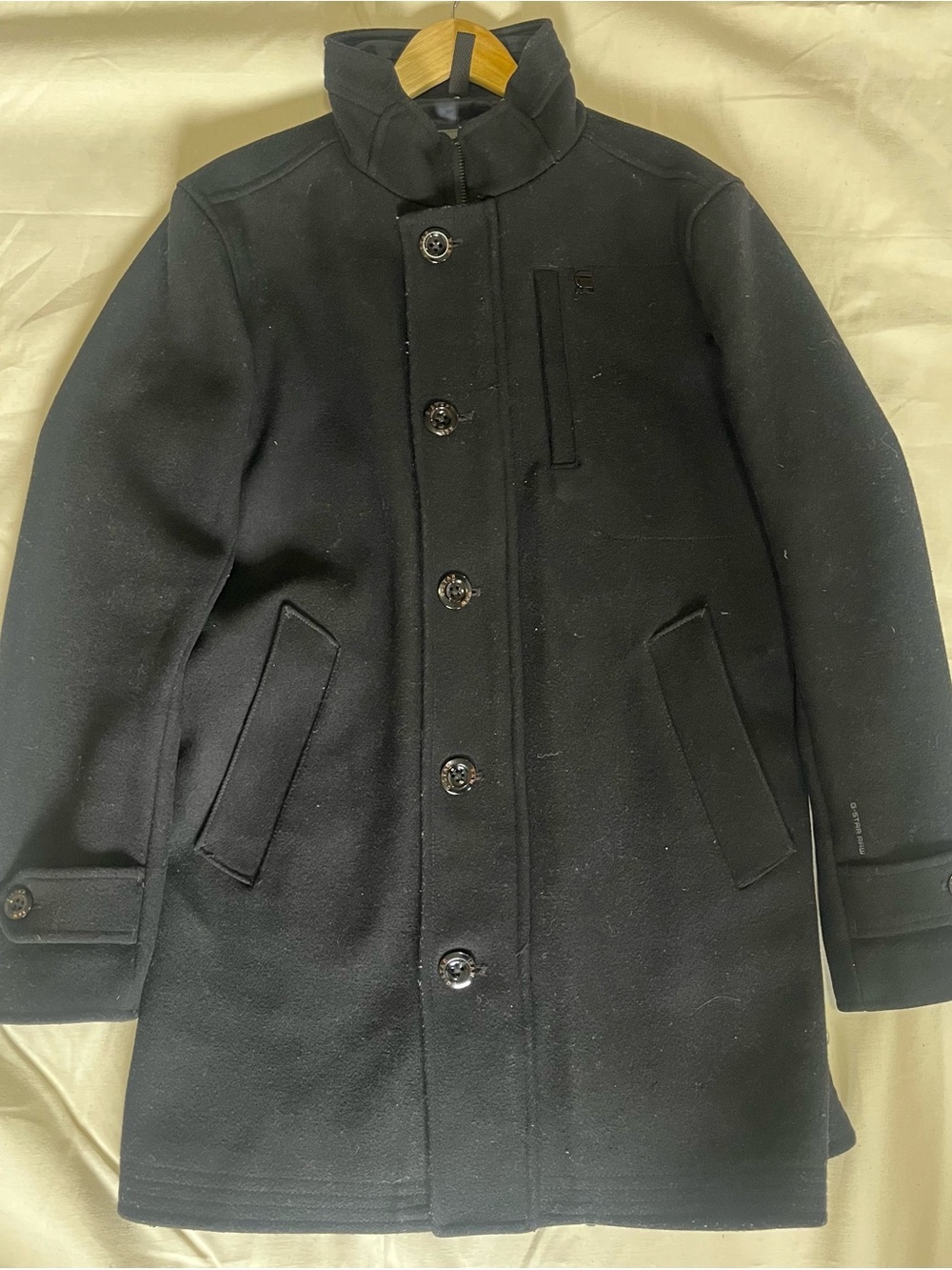G-Star Black Wool Pea Coat with Stand Collar